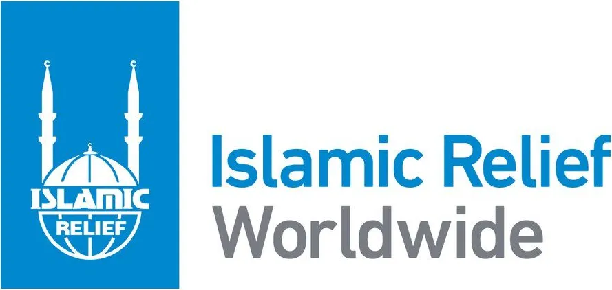 Islamic Relief Worldwide logo beside a blue square with a white mosque and globe.