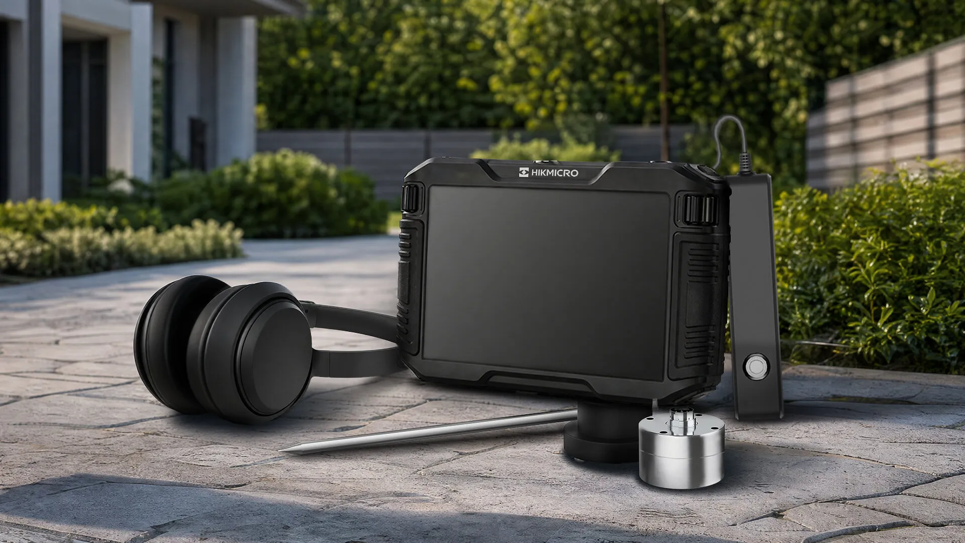 HIKMICRO AD22P acoustic leak detector with headphones, a probe and sensors on a paved path.