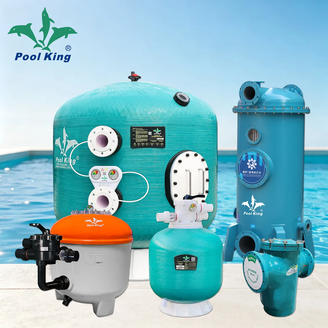 Poolking filtration tanks and valves beside a swimming pool