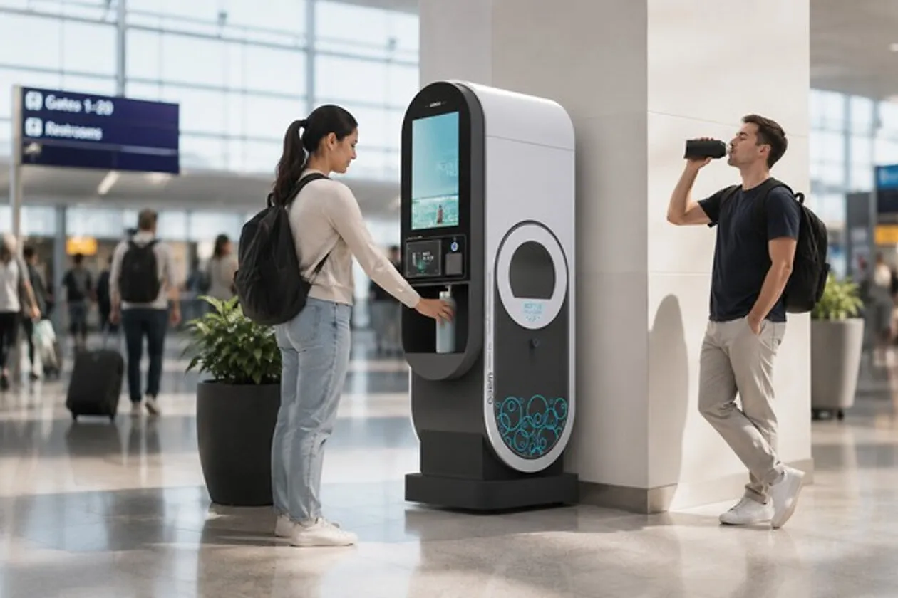 Two people use the redesigned ATLAS smart public water refill station.