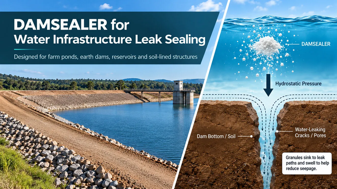Damsealer water-infrastructure leak-sealing graphic with a reservoir dam and soil-crack sealing diagram.