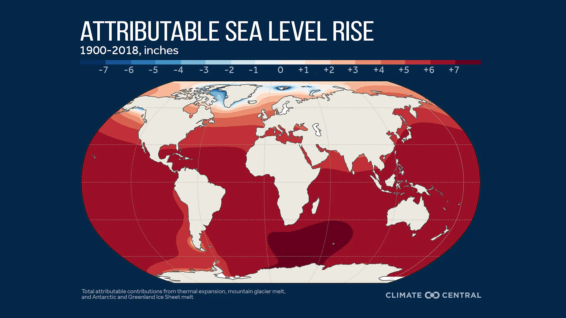 World map showing attributable sea level rise from 1900 to 2018, with oceans shaded by inches of change.