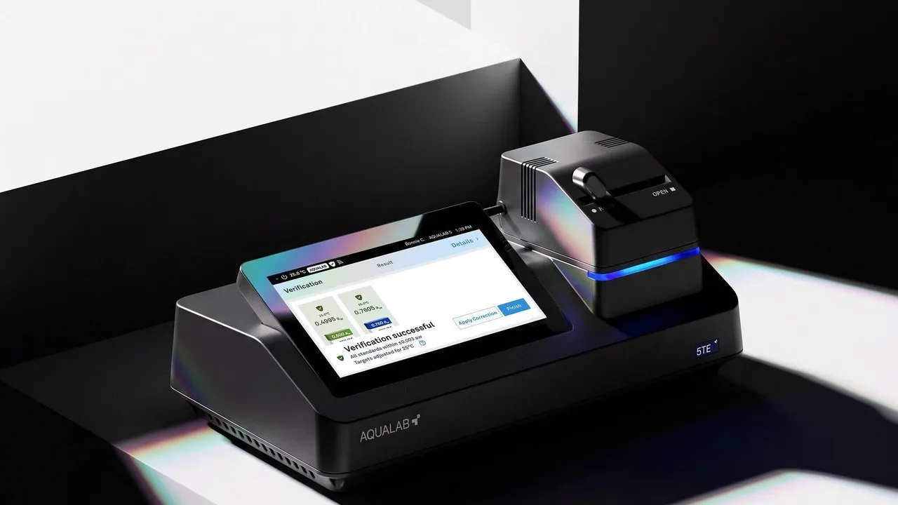 The AQUALAB 5TE water activity instrument with its touchscreen and sample chamber.