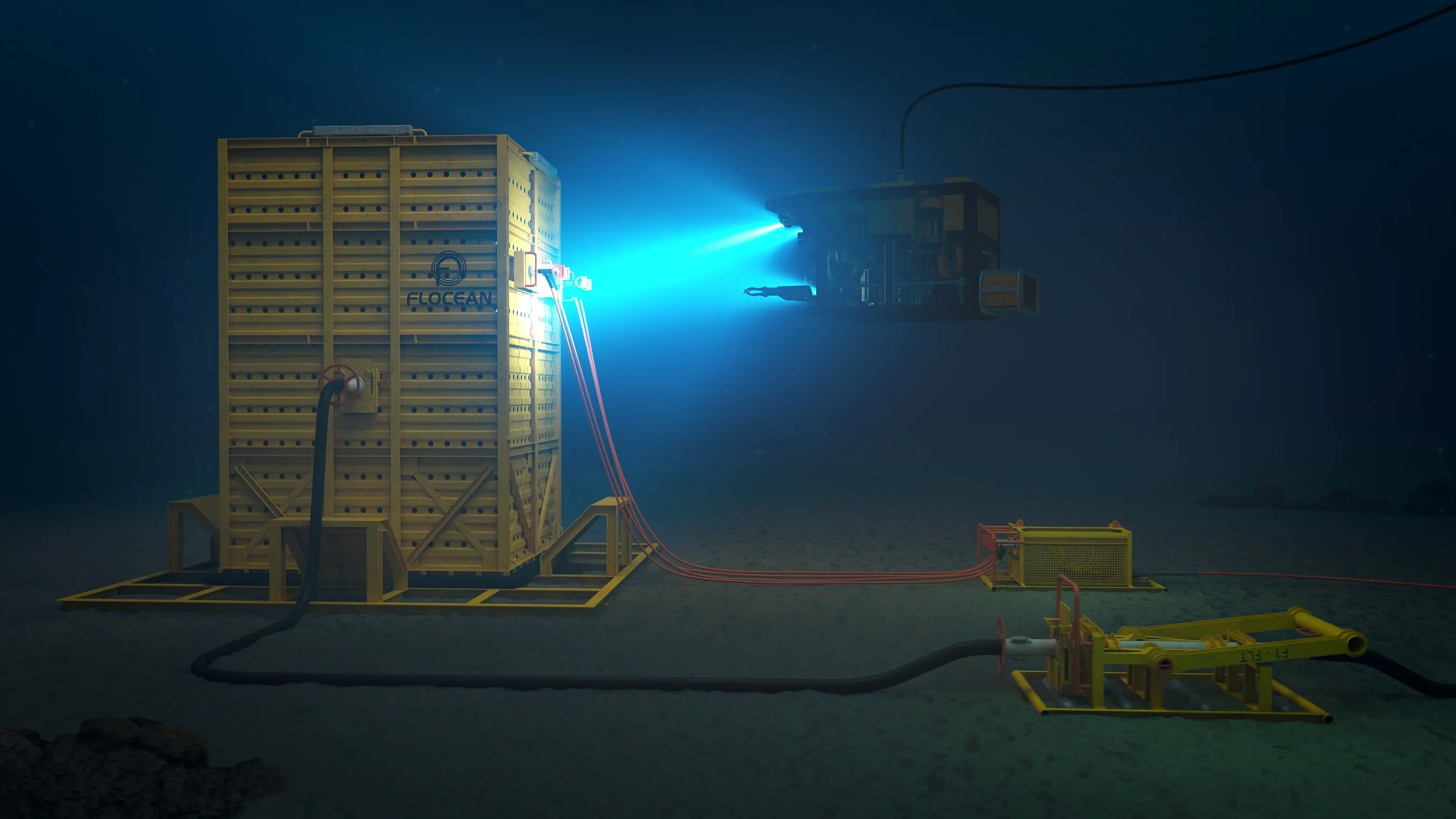 An underwater robot shines a light on a Flocean equipment container connected by cables to seabed machinery.
