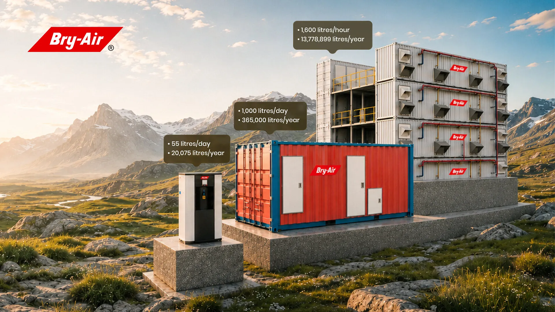 Bry-Air water generators in three sizes against a mountain landscape, with production capacity labels.