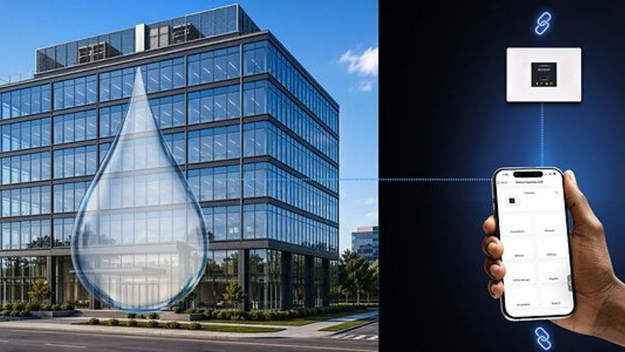 Glass building with a water drop graphic beside a hand holding a smartphone linked to a white wall-mounted device.