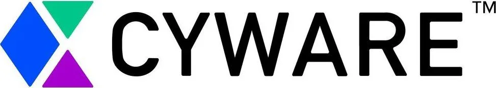 Cyware logo with blue, green and purple geometric shapes beside black text on a white background.