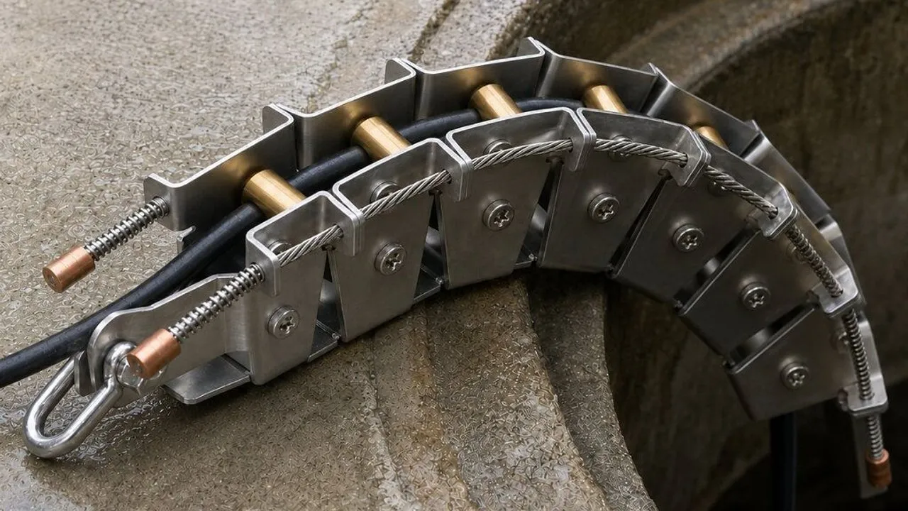 TROGLOTREK Cable Roller, a stainless-steel assembly with rollers, guiding a cable over a concrete rim.