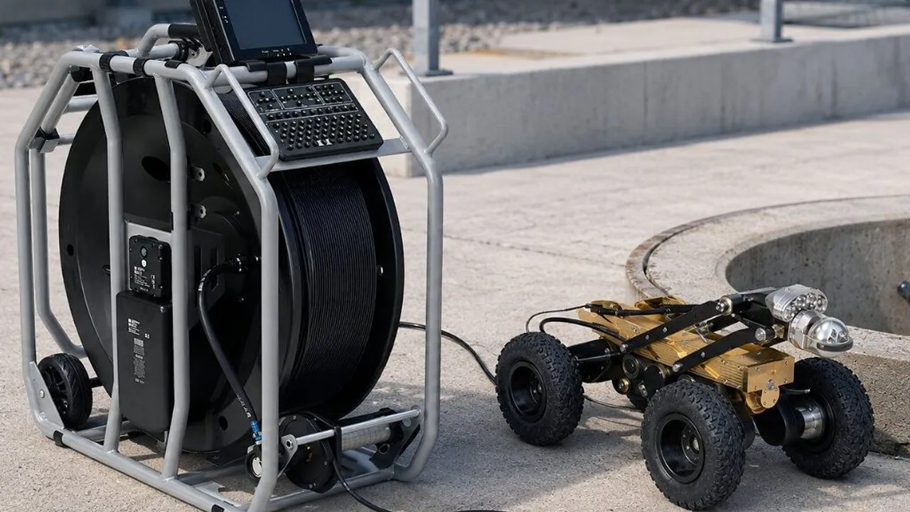 A wheeled pipe-inspection robot beside a cable reel and control unit at a concrete manhole