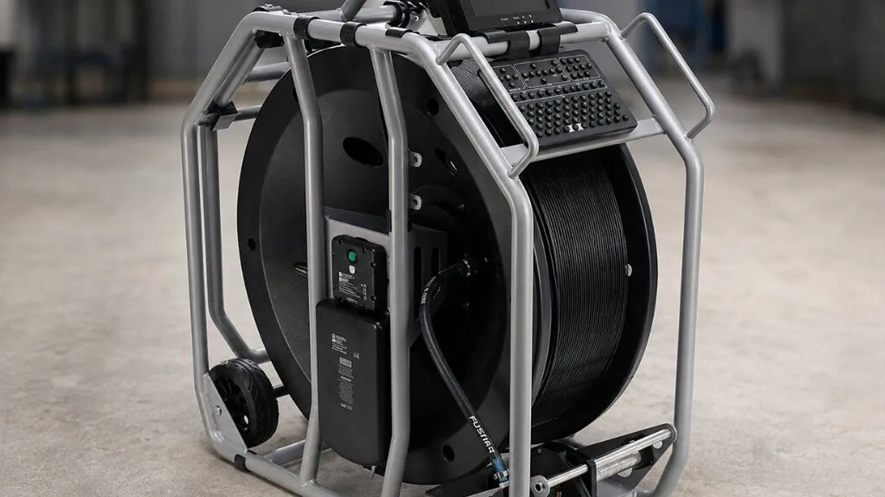 A large cable reel in a wheeled metal frame with a control panel and display screen