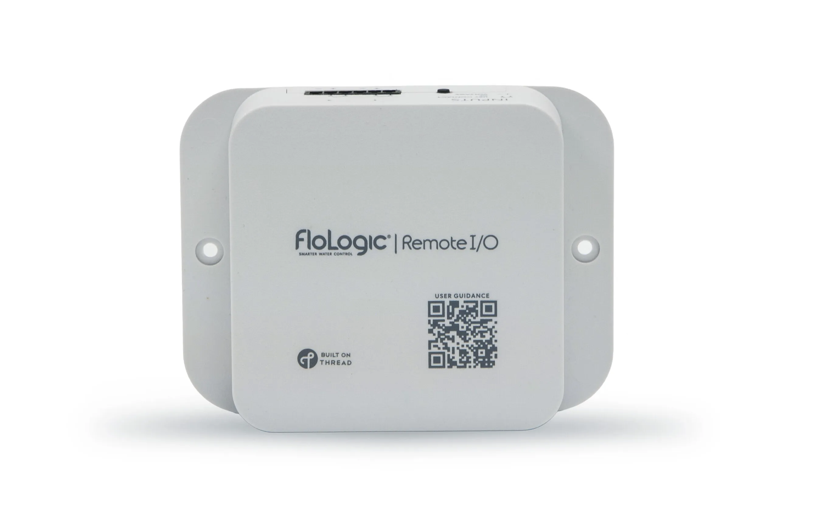FloLogic Remote I/O device with mounting tabs, a QR code and Thread logo on a white background