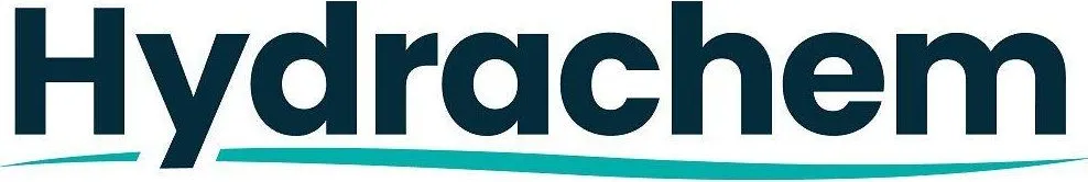 Hydrachem logo with a turquoise wave underline on a white background