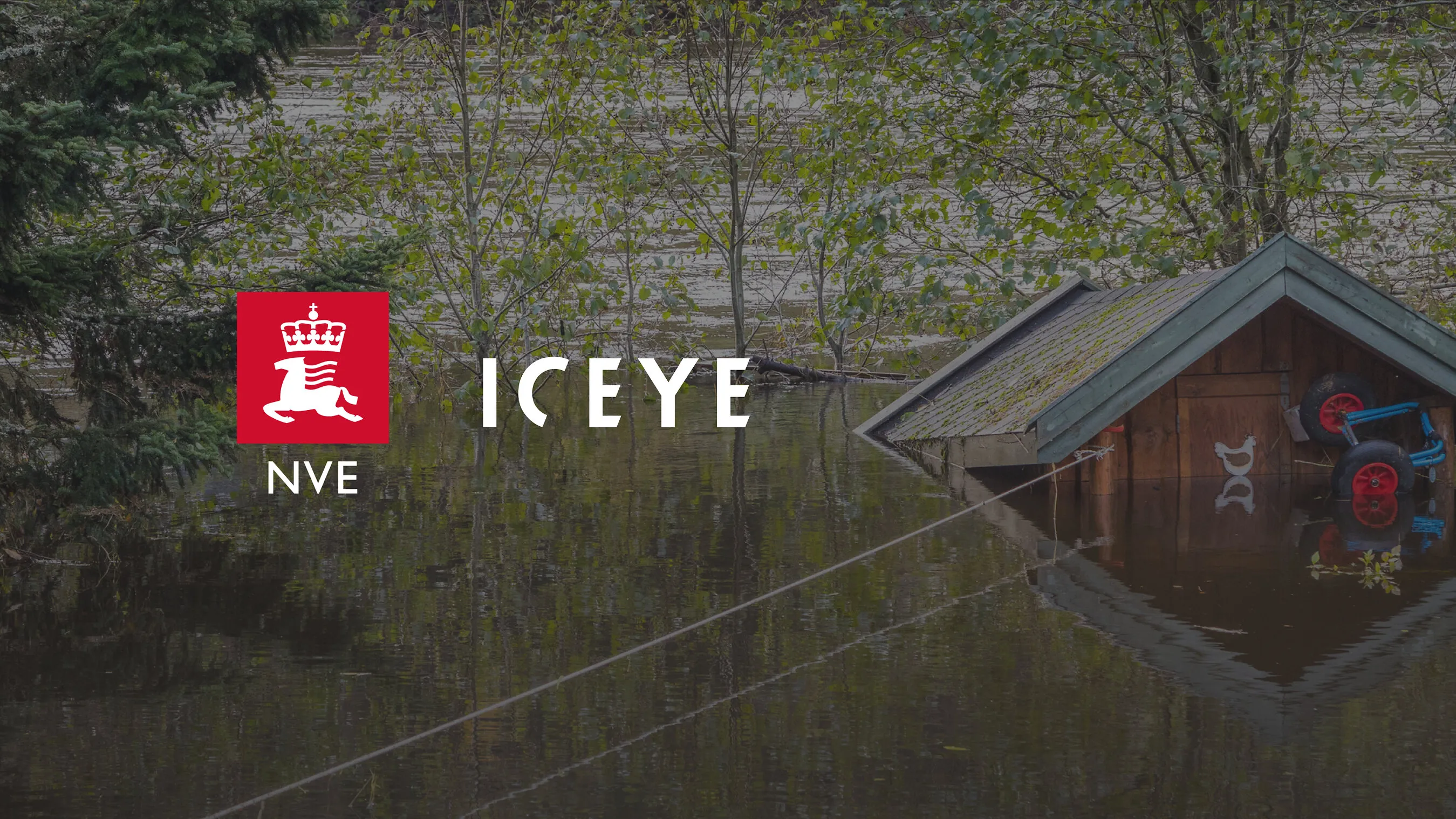 Flooded building beside trees with NVE and ICEYE logos overlaid