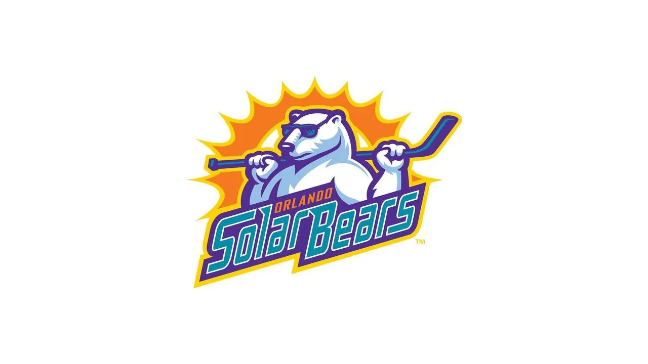 Orlando Solar Bears logo with a polar bear holding a hockey stick against an orange sunburst.