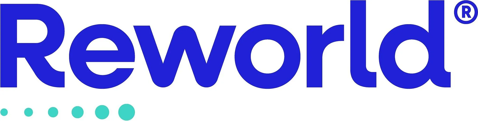 Reworld logo in blue with six turquoise dots on a white background