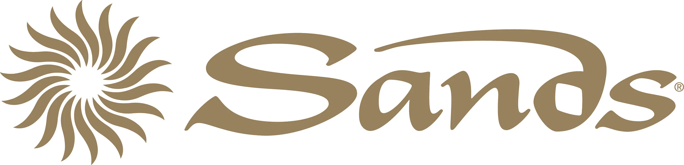Sands logo with a gold spiral sun icon and gold lettering on white background