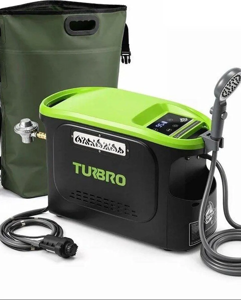 Green and black portable outdoor water heater with shower hose, propane regulator and water storage bag.