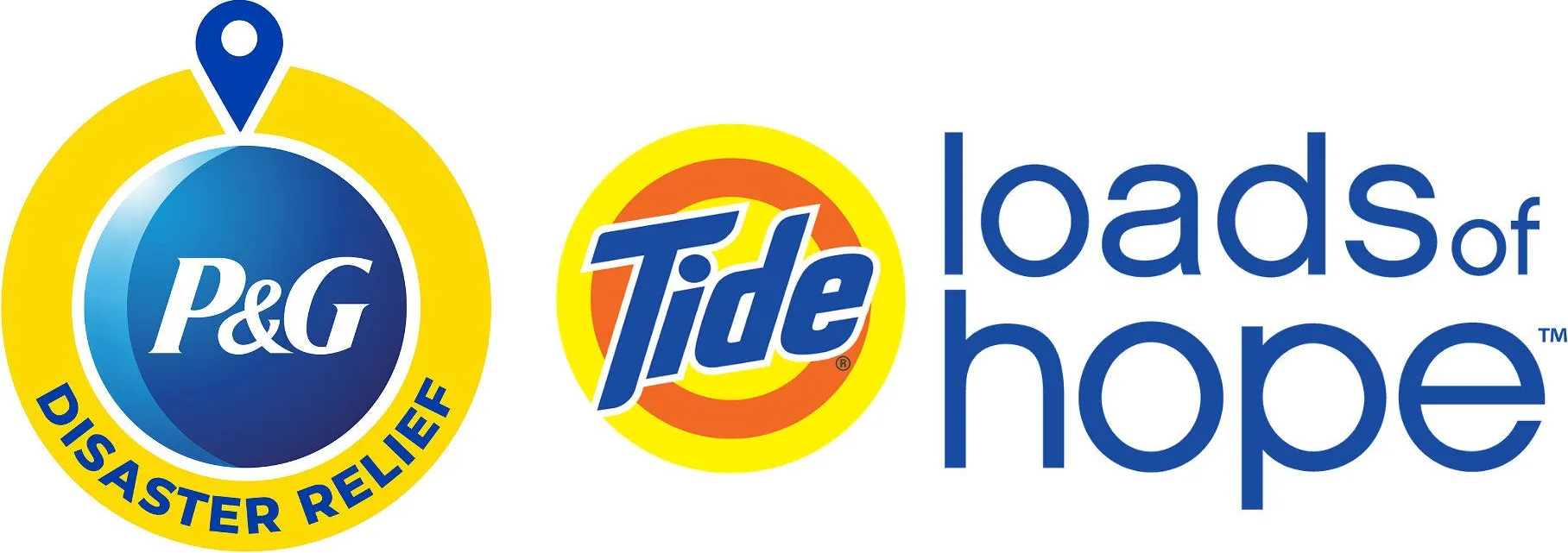 P&G Disaster Relief and Tide Loads of Hope logos on a white background.