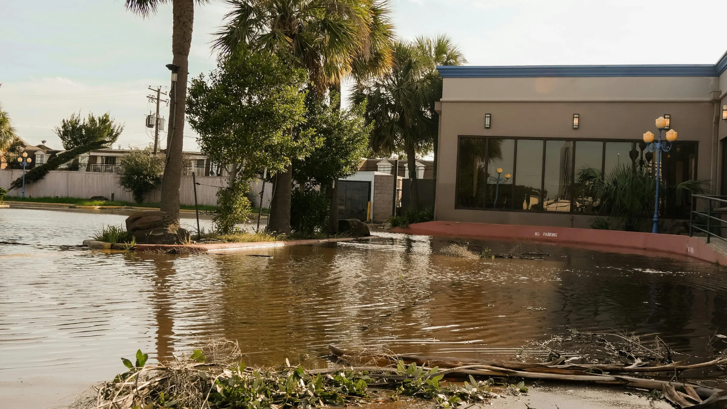 A flooded street outside a low building with palm trees
