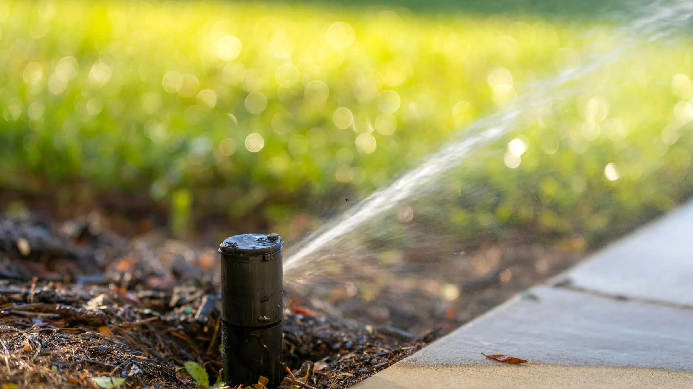 A pop-up sprinkler spraying water across a green lawn