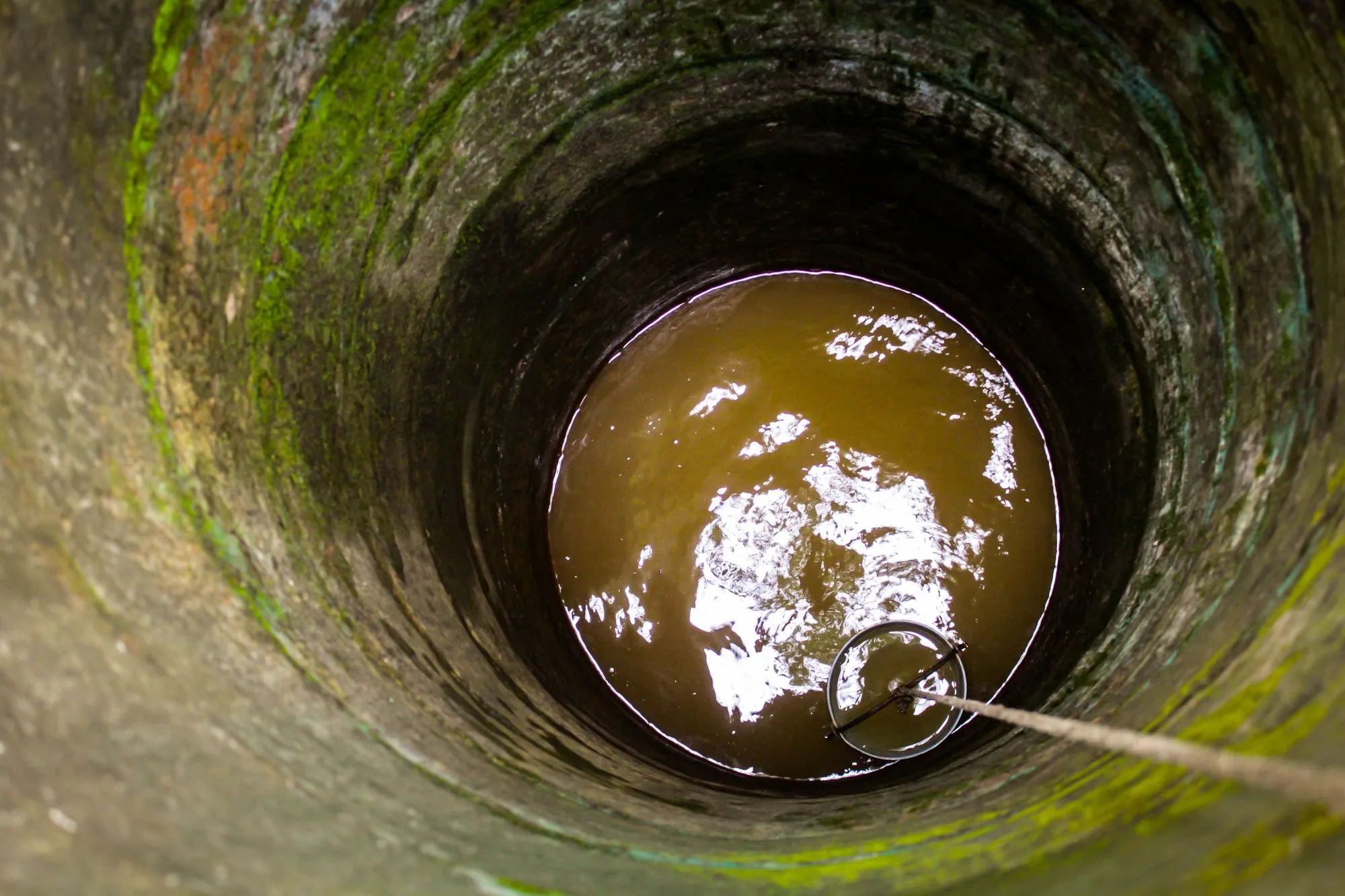 A bucket on a rope lowered into an old well of murky water