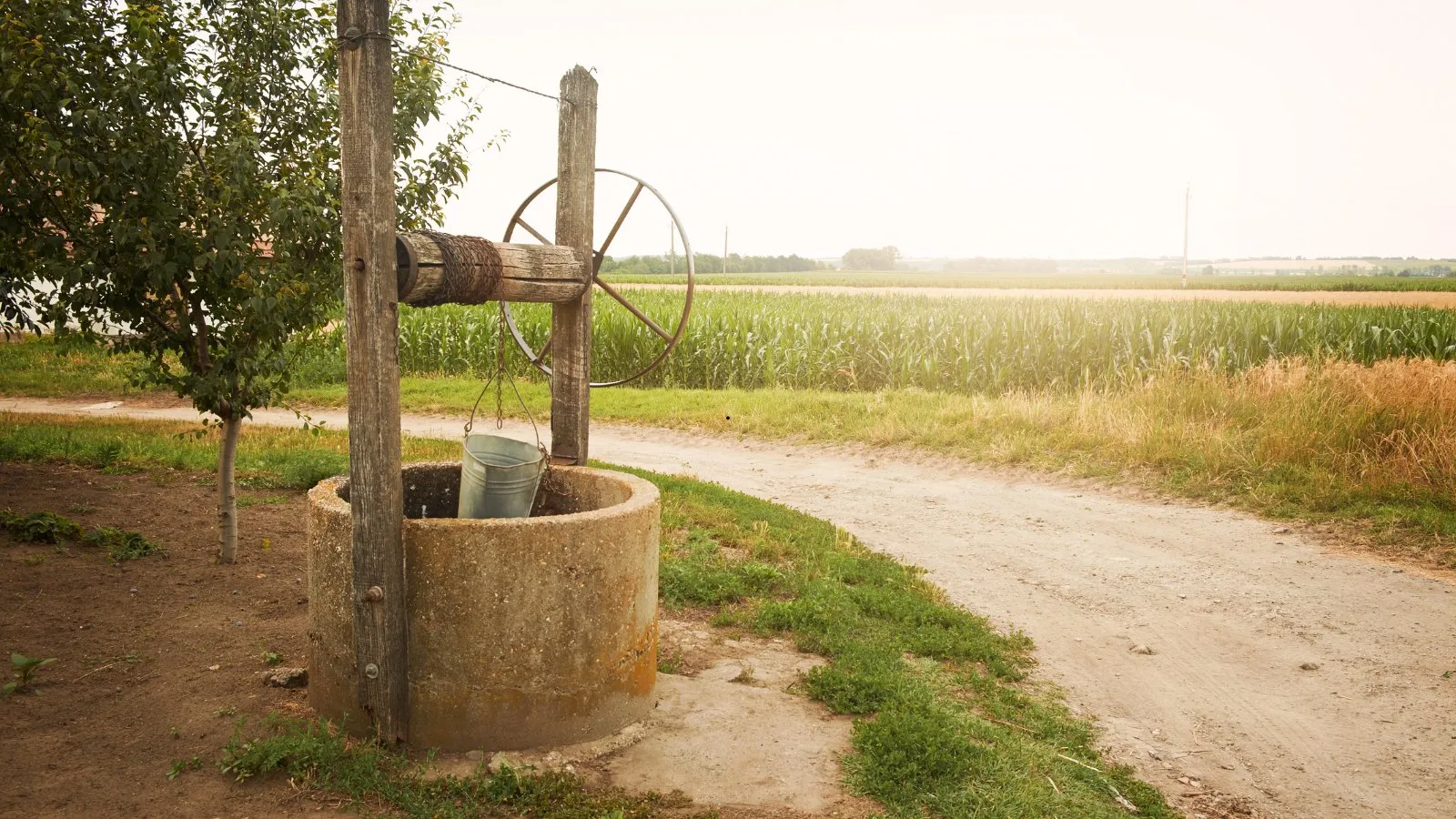 An old open well with a wooden winch beside a farm track