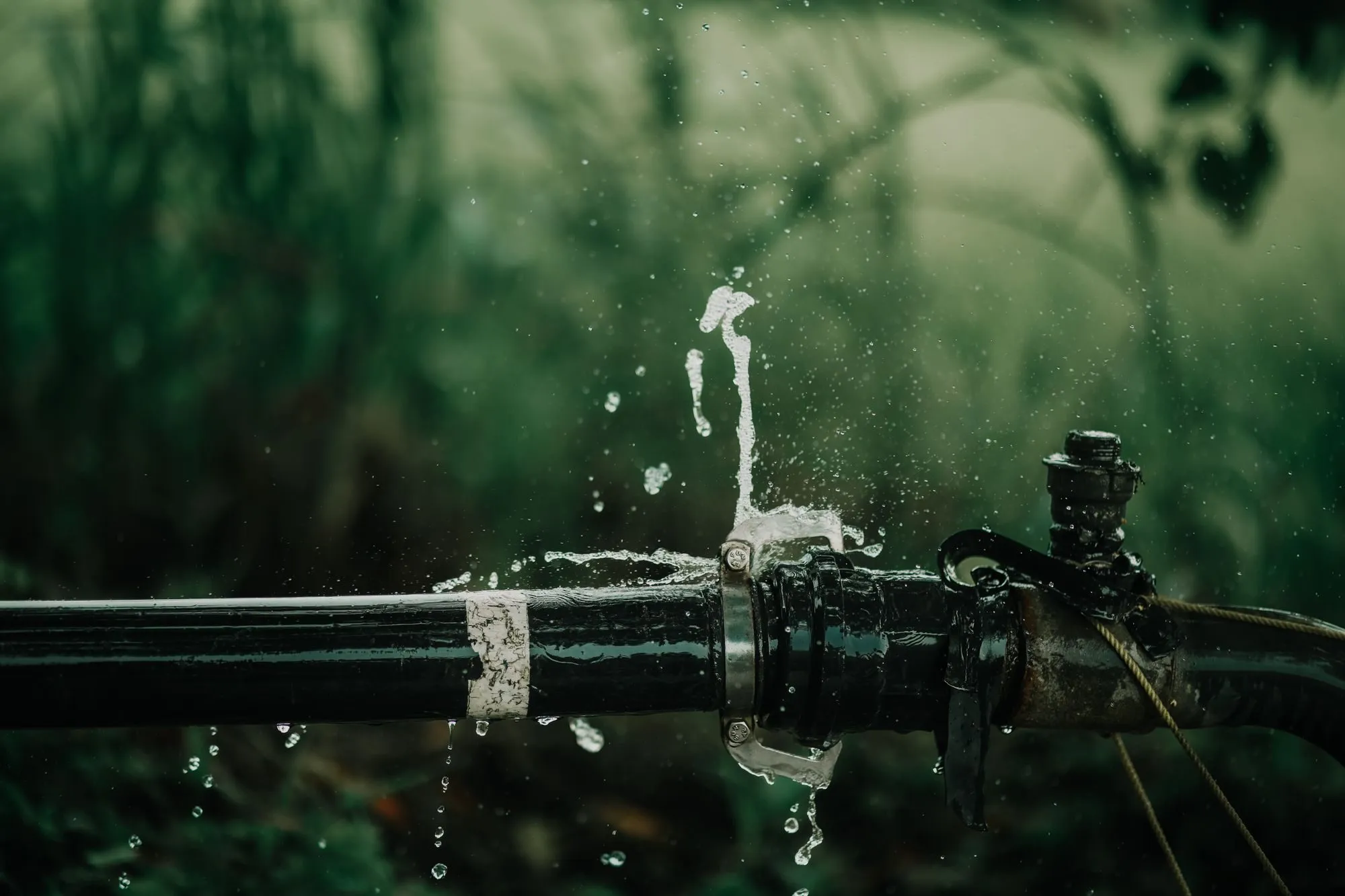 Water spraying from a leaking joint in a water pipe